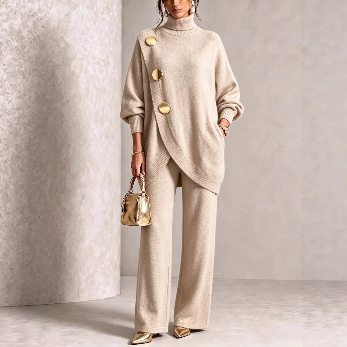 Asymmetric-Hem Sweater and Wide-Leg Trousers Set - WowStore.live