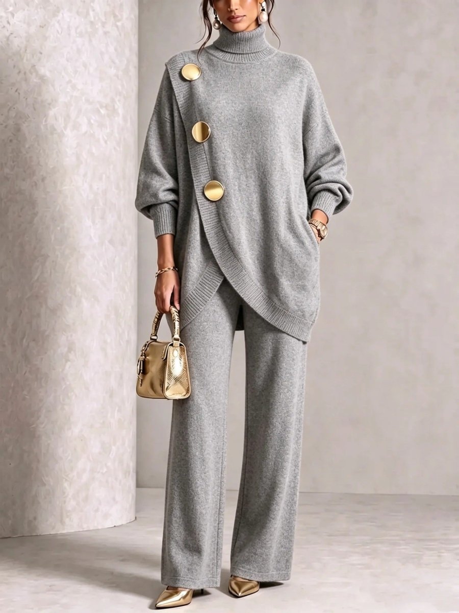 Asymmetric-Hem Sweater and Wide-Leg Trousers Set - WowStore.live