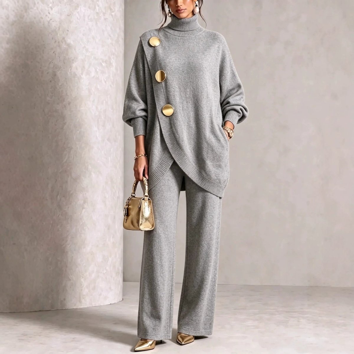 Asymmetric-Hem Sweater and Wide-Leg Trousers Set - WowStore.live