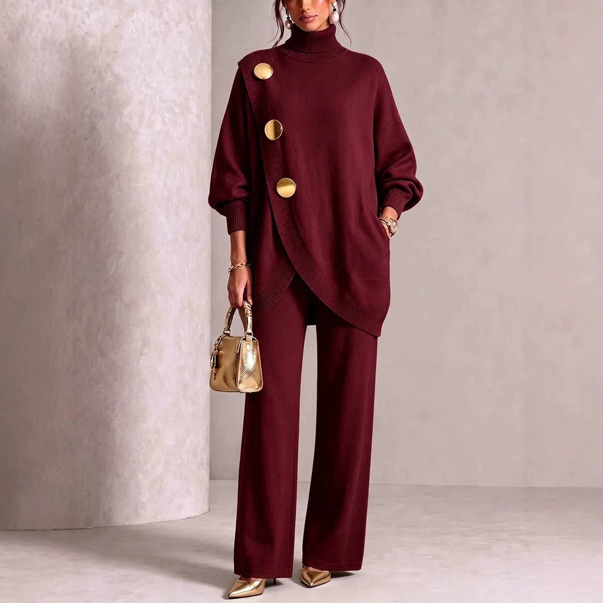 Asymmetric-Hem Sweater and Wide-Leg Trousers Set - WowStore.live