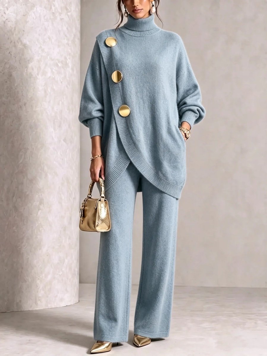 Asymmetric-Hem Sweater and Wide-Leg Trousers Set - WowStore.live