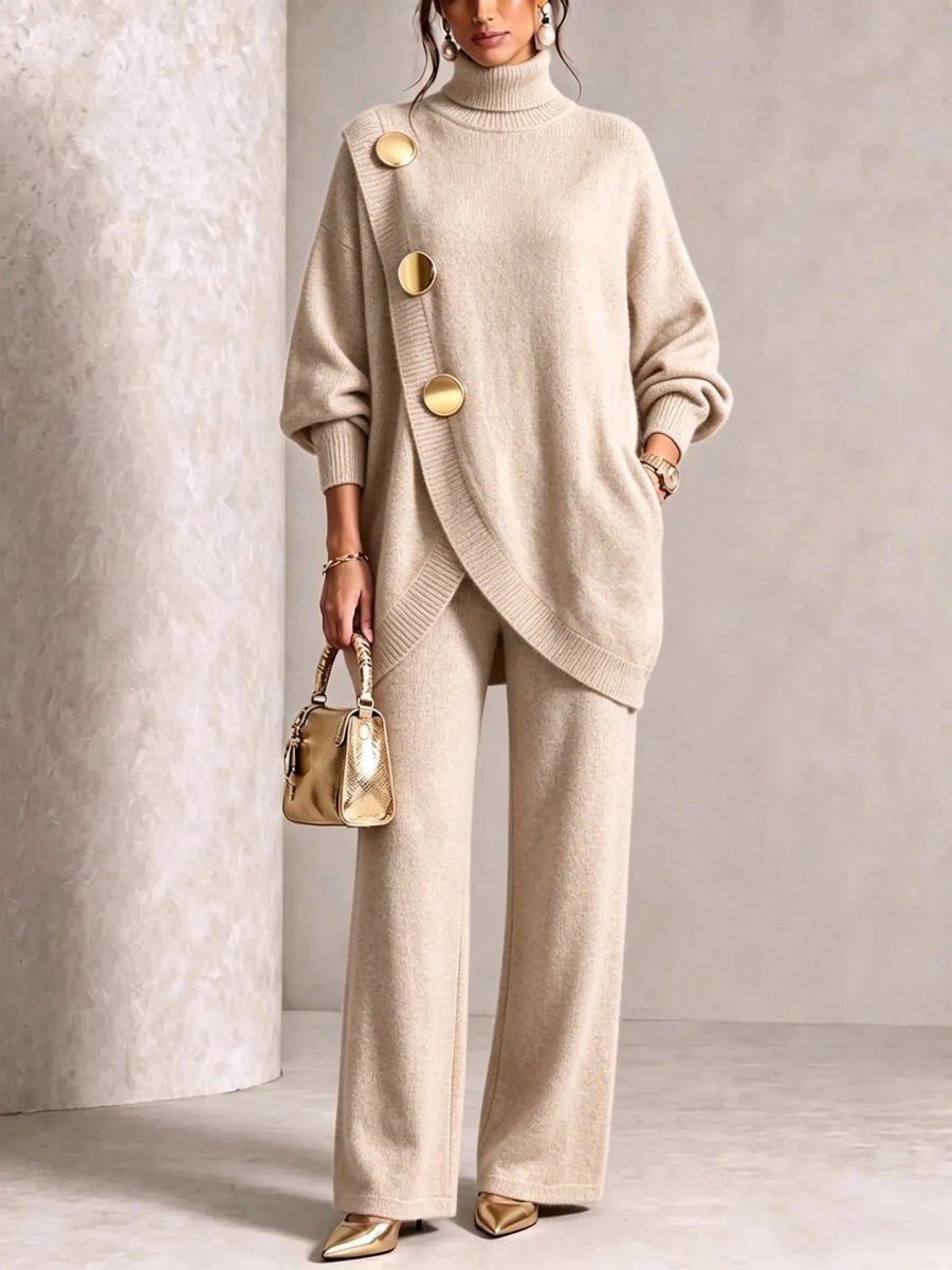 Asymmetric-Hem Sweater and Wide-Leg Trousers Set - WowStore.live