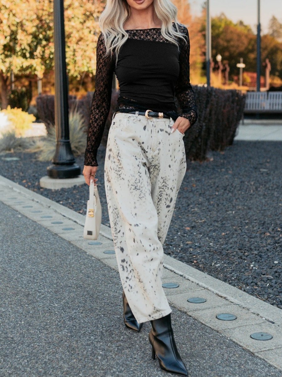 Asymmetric Panels Sheer Floral Lace Patchwork Long Sleeve Top - Wow Store