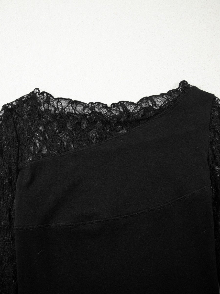 Asymmetric Panels Sheer Floral Lace Patchwork Long Sleeve Top - Wow Store