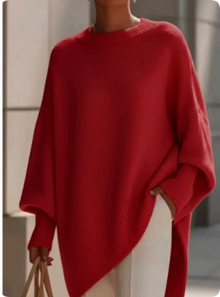 Red asymmetric sweater with batwing sleeves