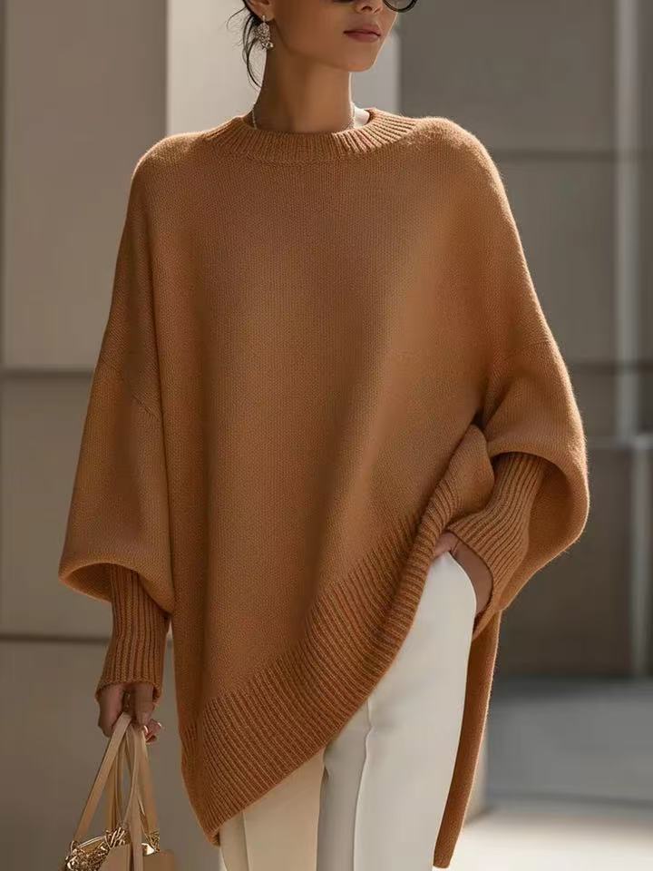 Camel batwing sweater with ribbed cuffs and slanted hem