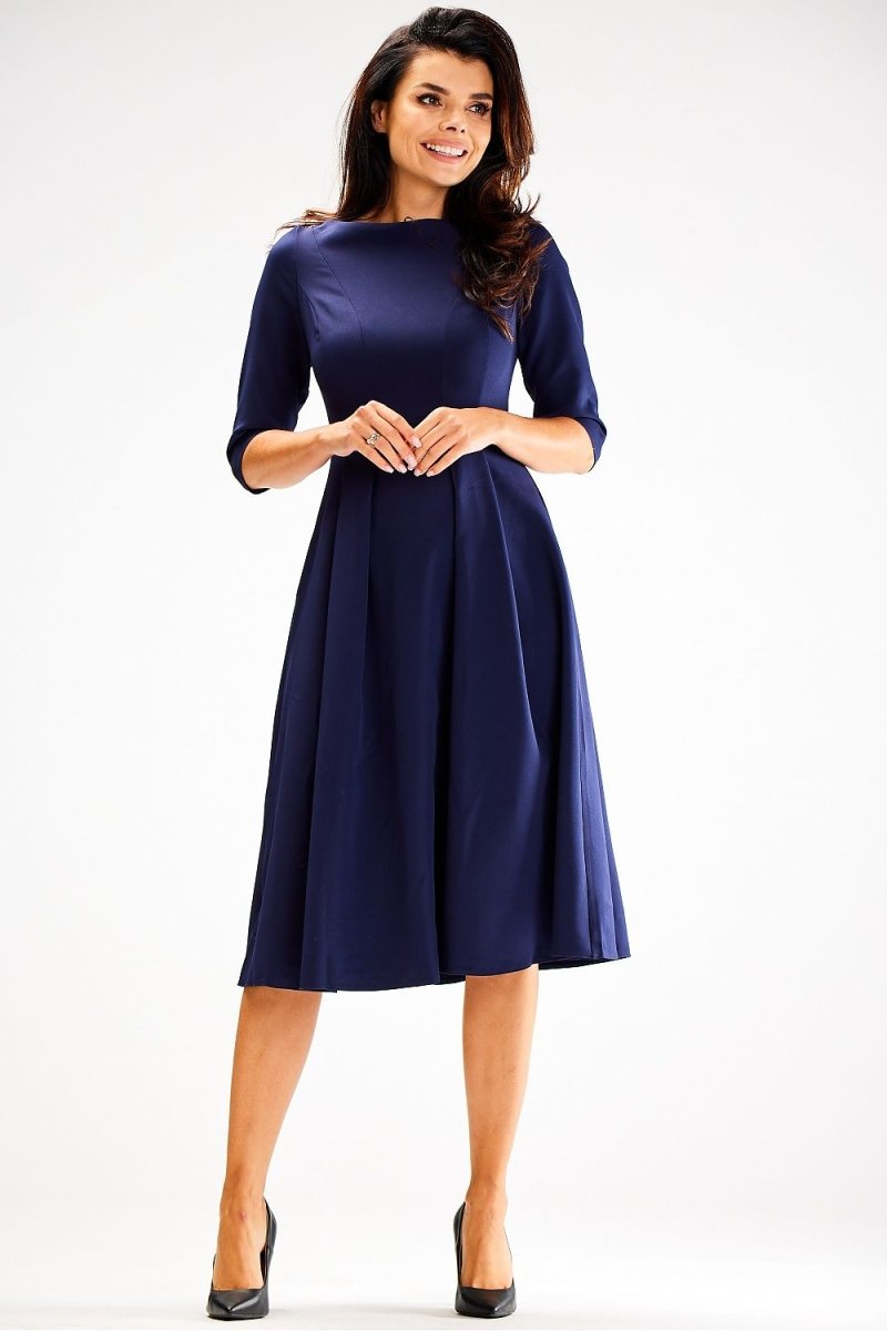 Elegant blue midi dress with A-line silhouette and subtle texture – Awama Elegant Day Dress