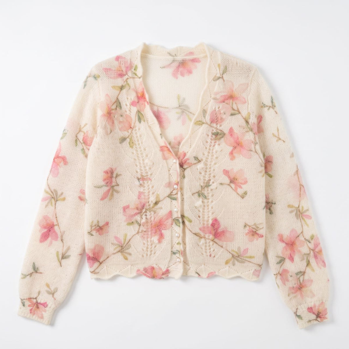 Floral Jacquard V-Neck Cardigan with Pearl-Look Buttons — view 4