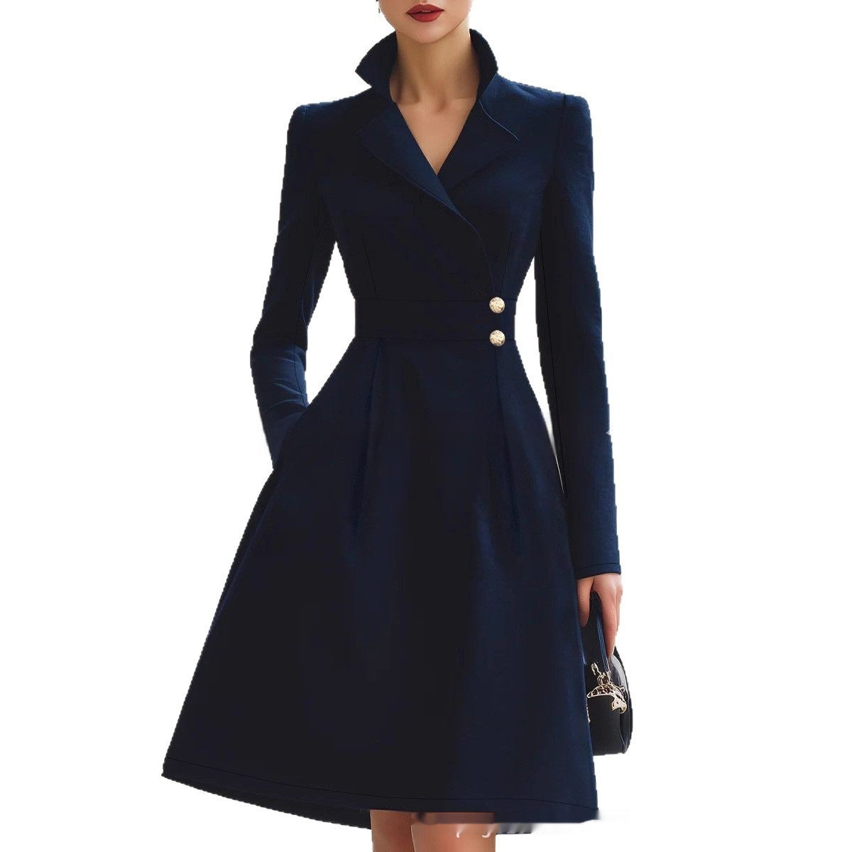 Navy double-breasted coat dress with gold-tone buttons, front view on model, one hand in pocket, white background