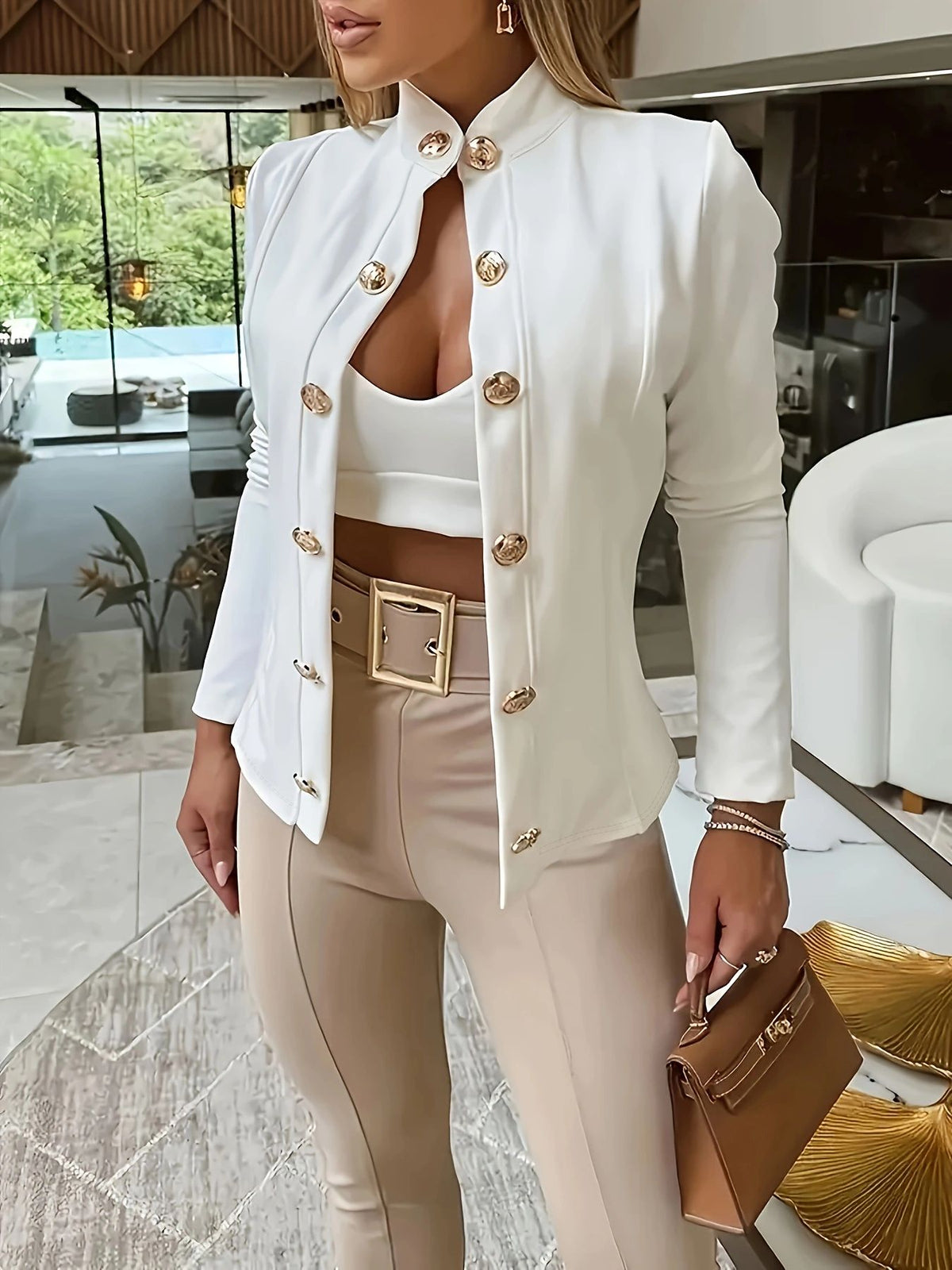 Double-Breasted Stand-Collar Blazer with Gold-Tone Buttons in white
