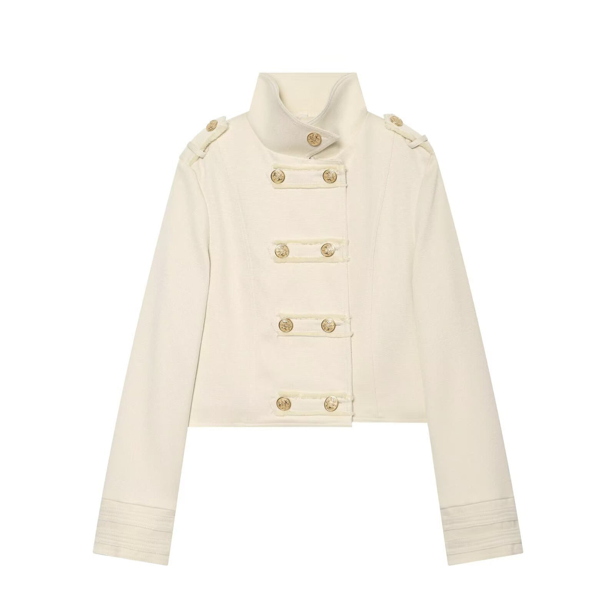 Cropped Stand-Collar Jacket with Gold-Tone Buttons