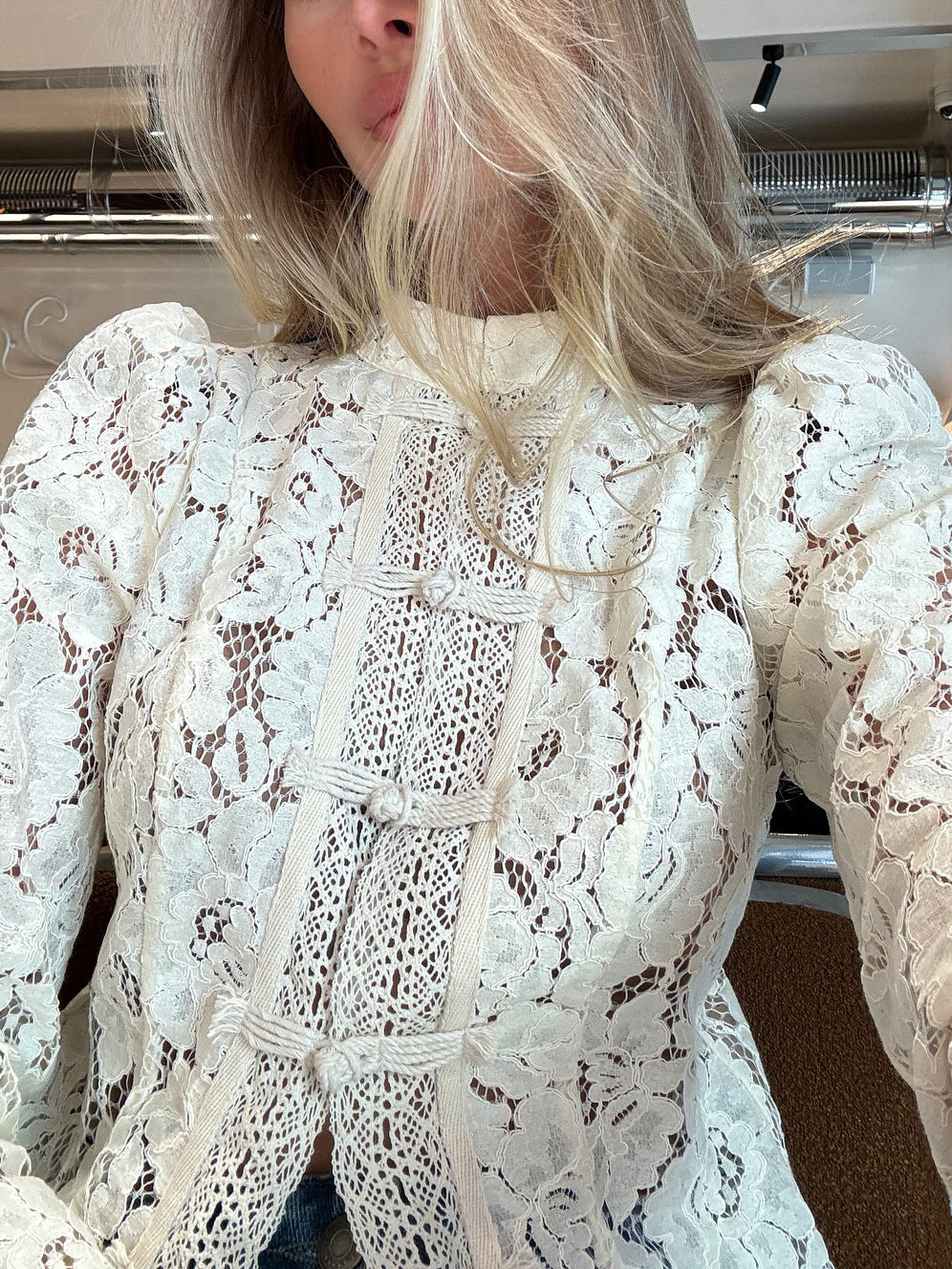 Lace-Panel Long Sleeve Blouse with Puffed Shoulders