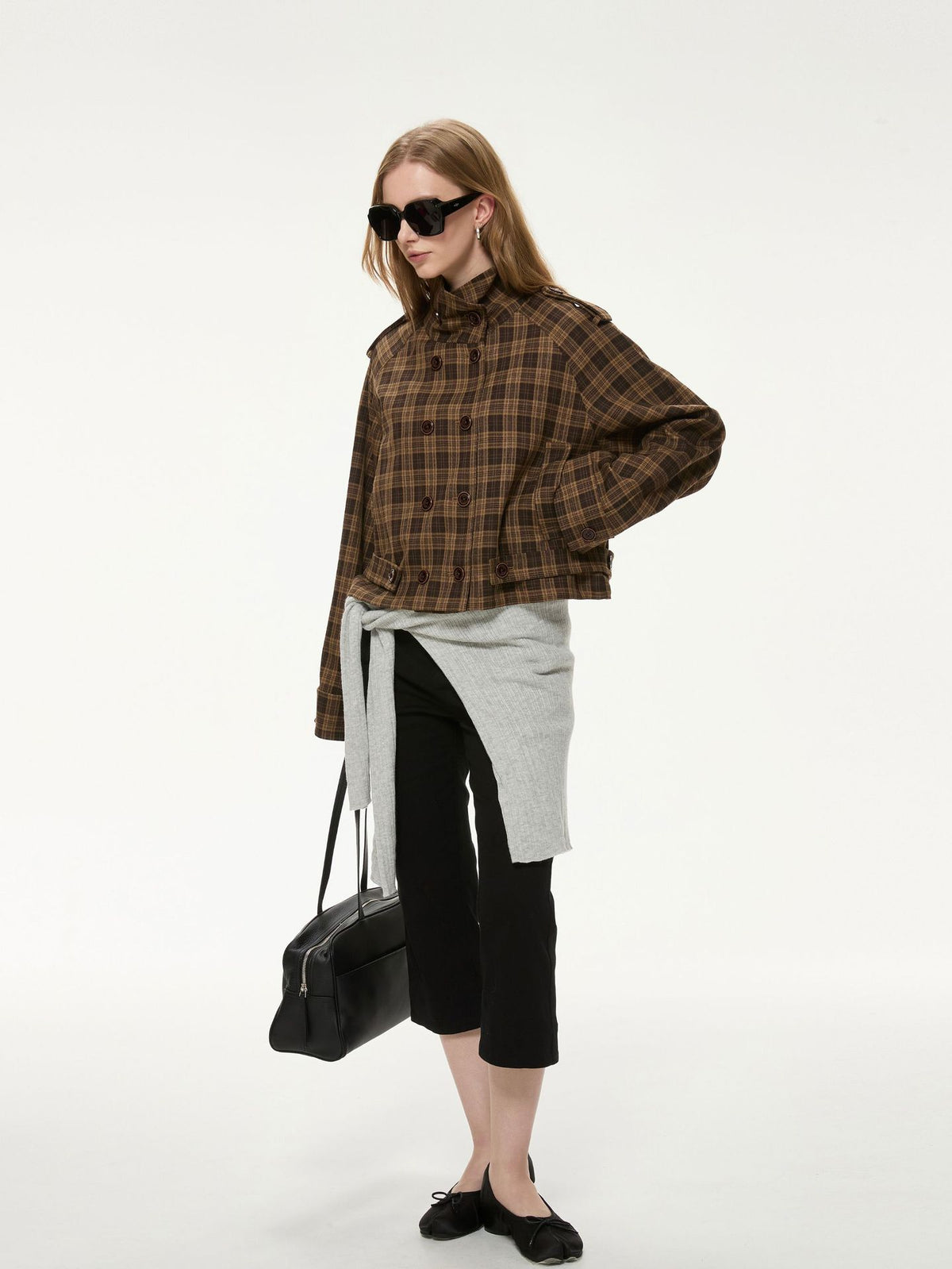 Cropped Check Jacket with Stand Collar and Double Buttons