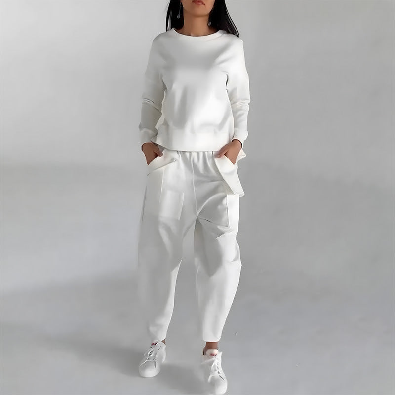 Round-Neck Sweatshirt and Jogger Trousers Set, 7 Colours in white