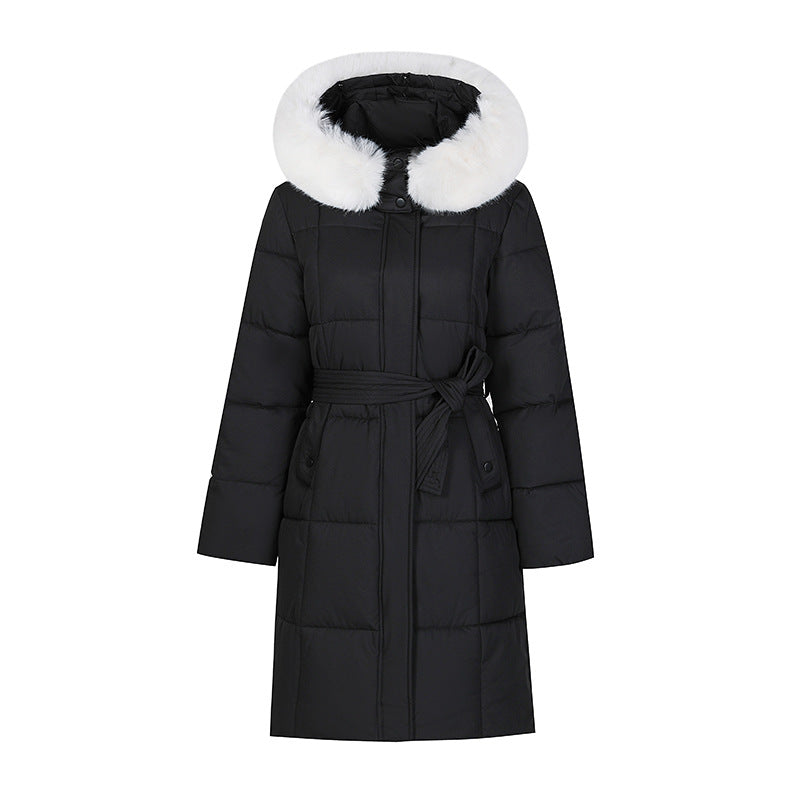 Mid-Length Padded Coat with Faux-Fur Hood and Tie Belt — view 2