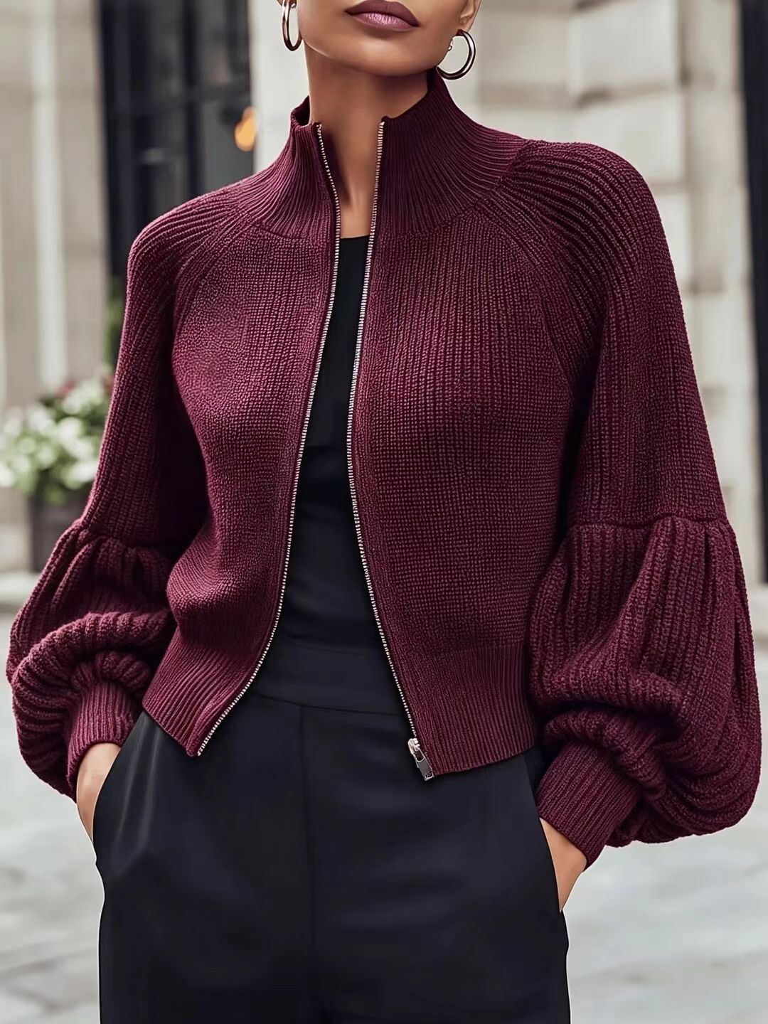 Zip-Up Rib Knit Cardigan with Balloon Sleeves in wine red