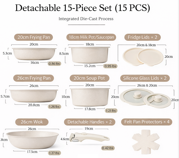 Premium Non-Stick Cookware Set with Removable Handle