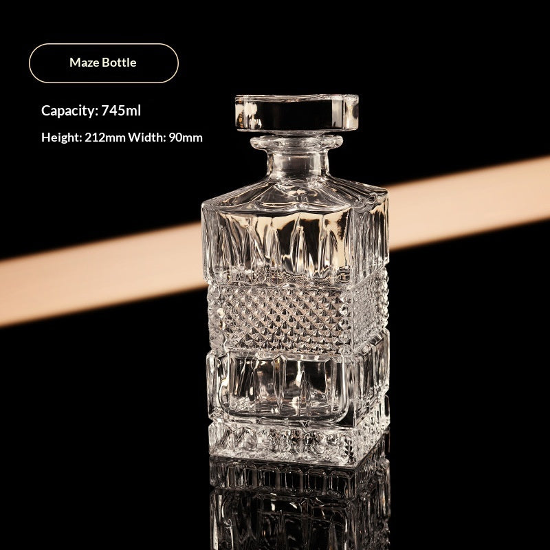Maze bottle, cut glass spirits decanter with stopper, front view, clear, geometric pattern, black background