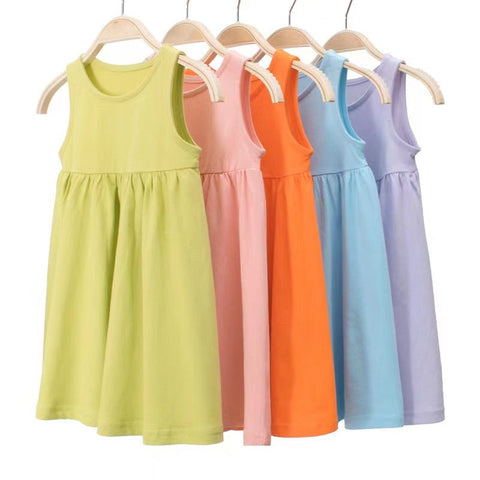 Baby Girls Solid Round Collar Design Sleeveless Dress In Summer - Wow Store