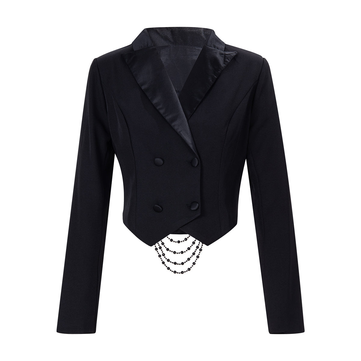 Front of the blazer with four covered buttons and peaked lapels