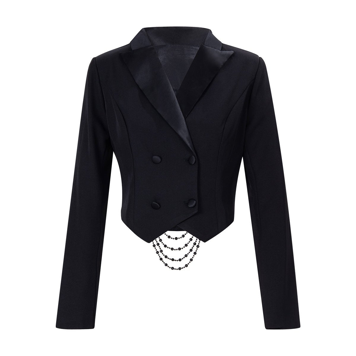 The blazer on its own, front view, with a pointed hem and bead strands below it