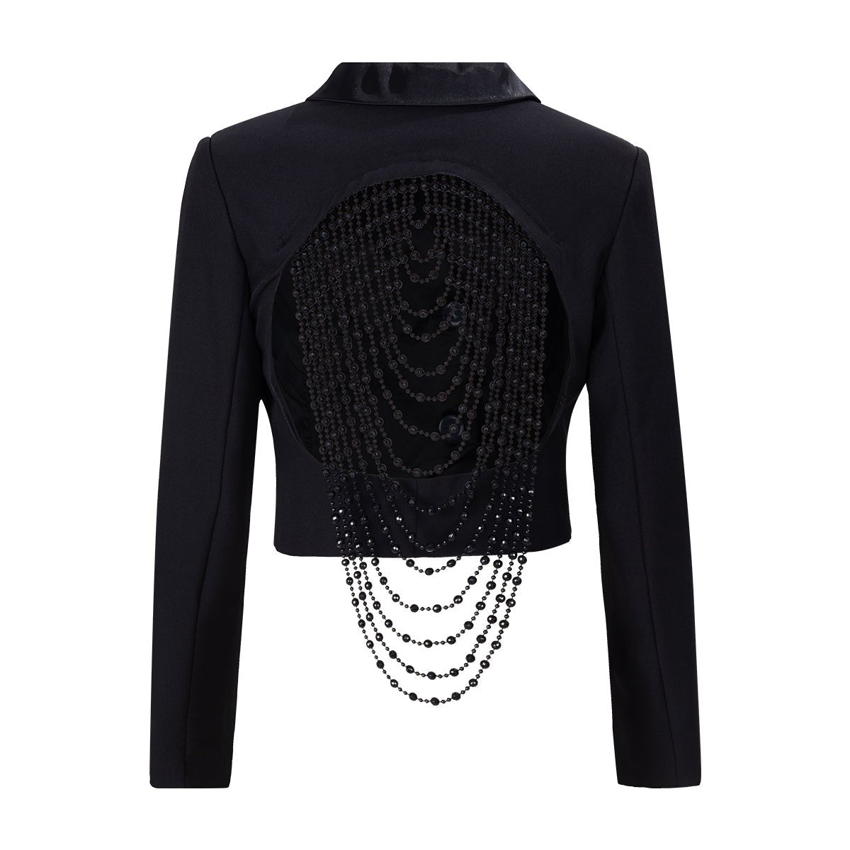 Back of the blazer laid flat, bead strands hanging below the hem
