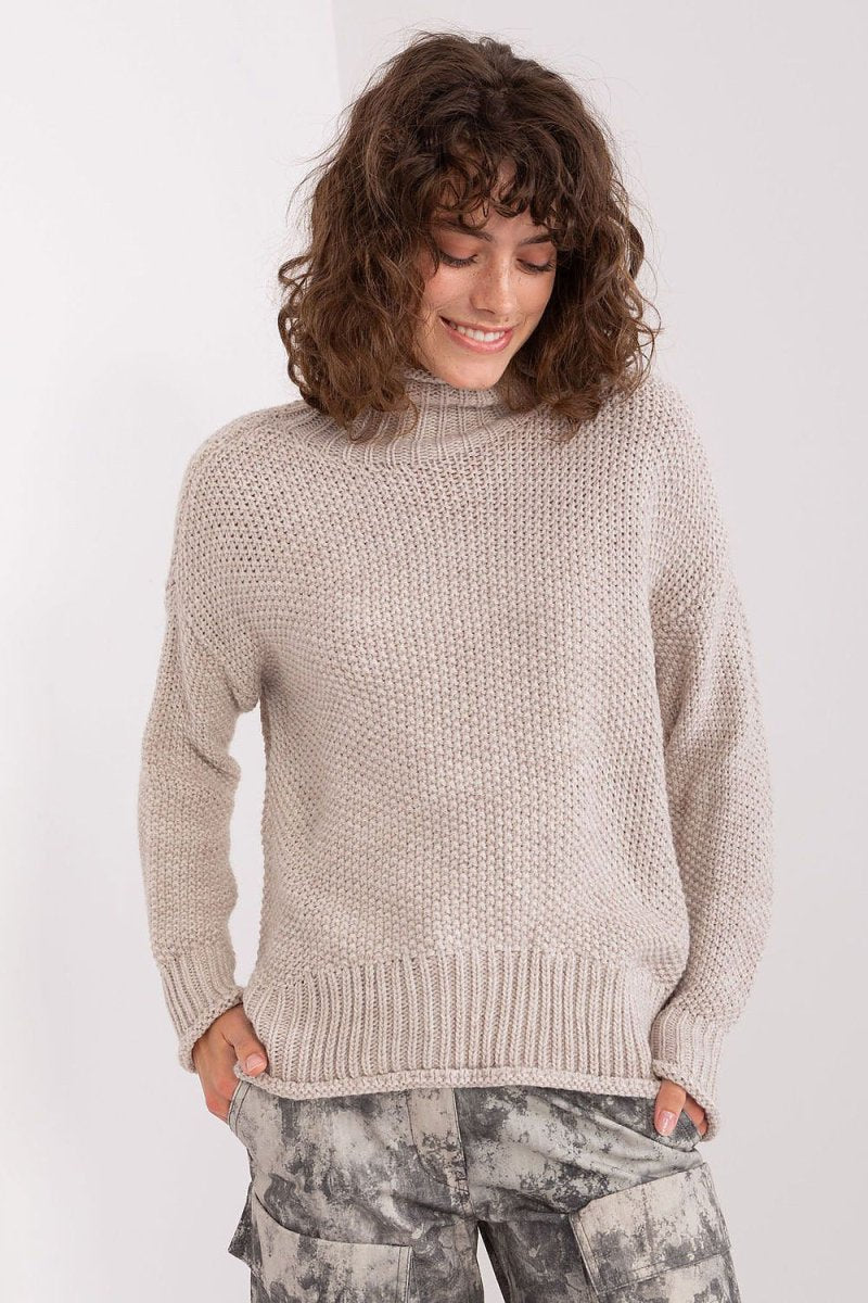 Beige Ribbed Knit Turtleneck Sweater for Women