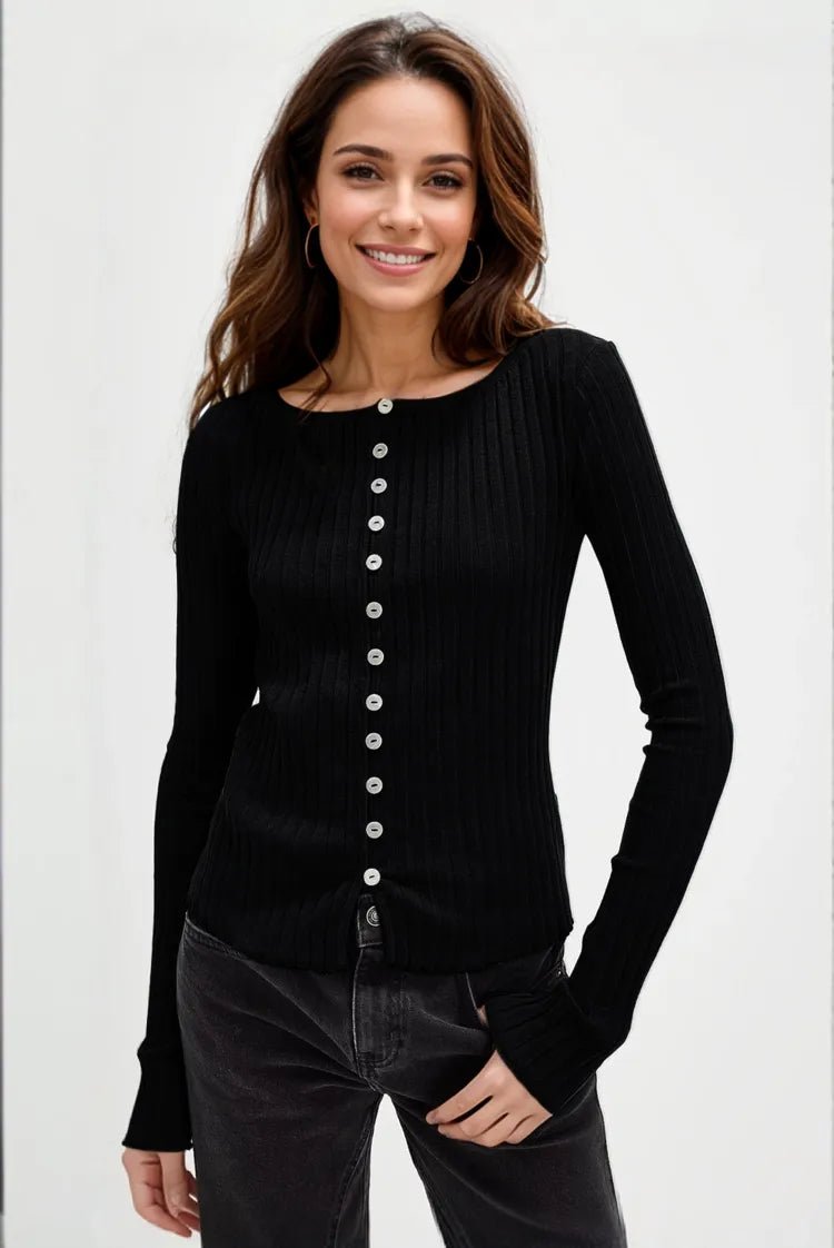 Basic Bae Texture Button Up Round Neck Long Sleeve Top - Wow Store