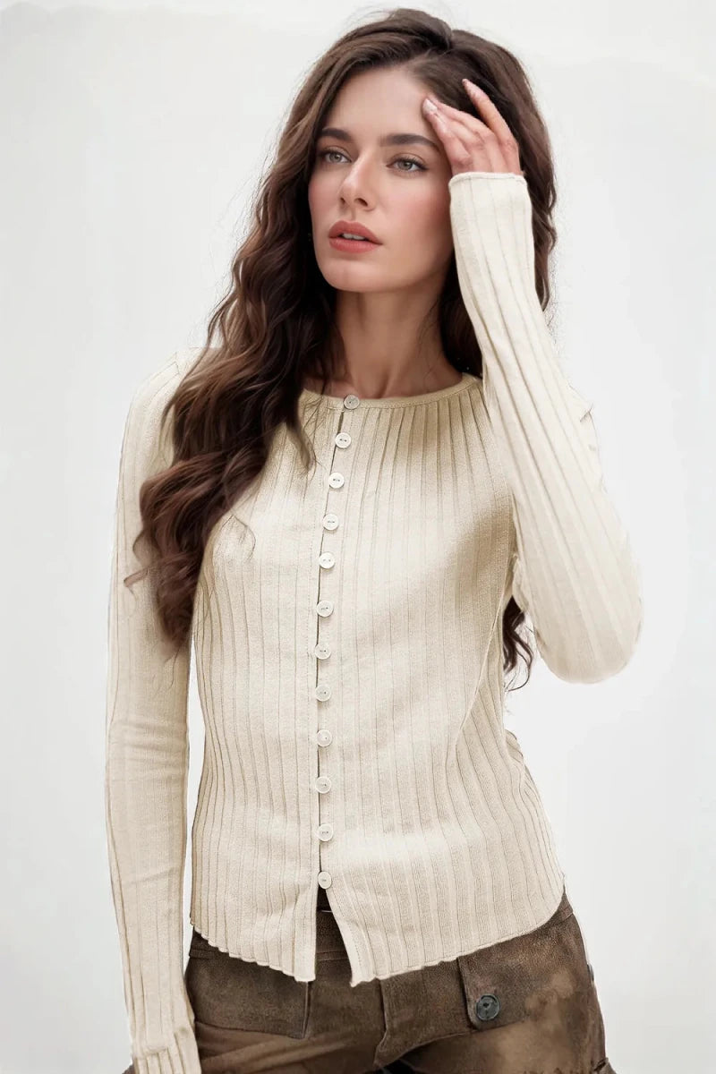 Basic Bae Texture Button Up Round Neck Long Sleeve Top - Wow Store