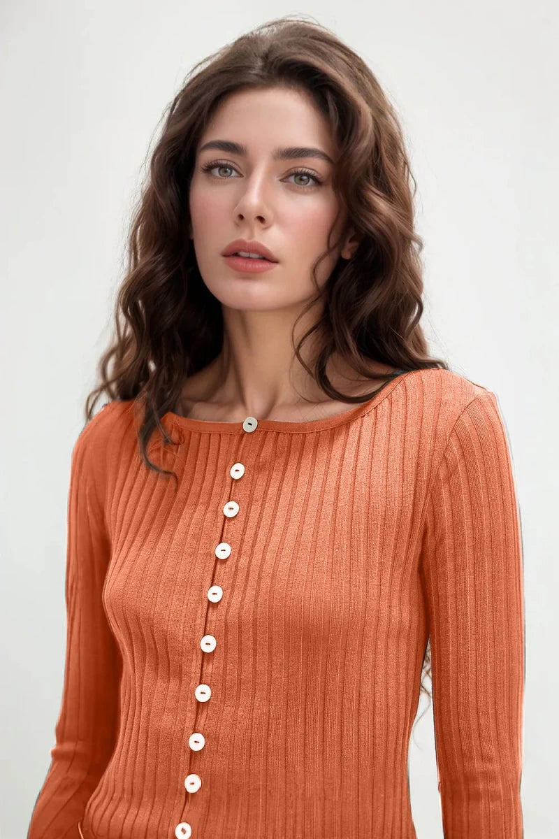 Basic Bae Texture Button Up Round Neck Long Sleeve Top - Wow Store