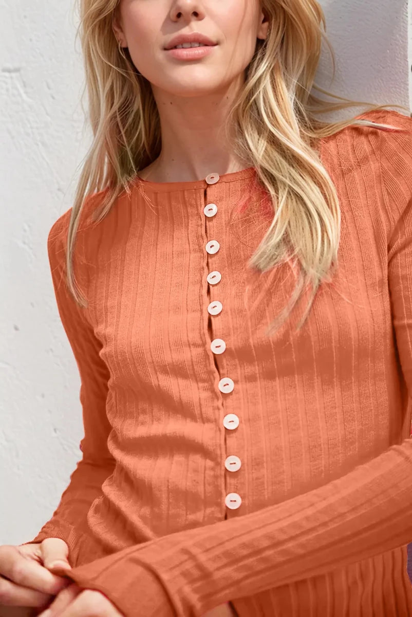 Basic Bae Texture Button Up Round Neck Long Sleeve Top - Wow Store