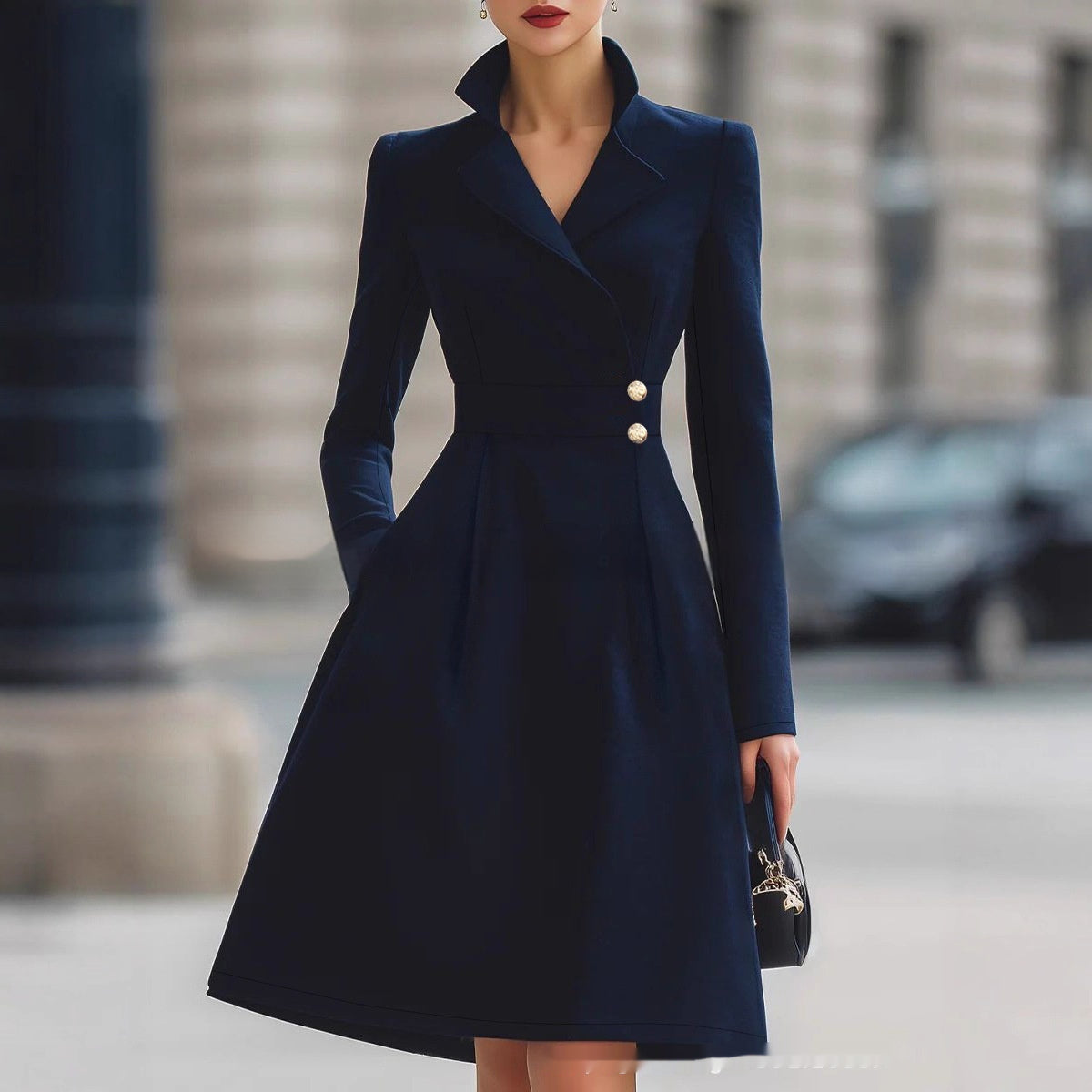 Navy double-breasted coat dress with gold-tone buttons, front view on model, one hand in pocket, holding black handbag