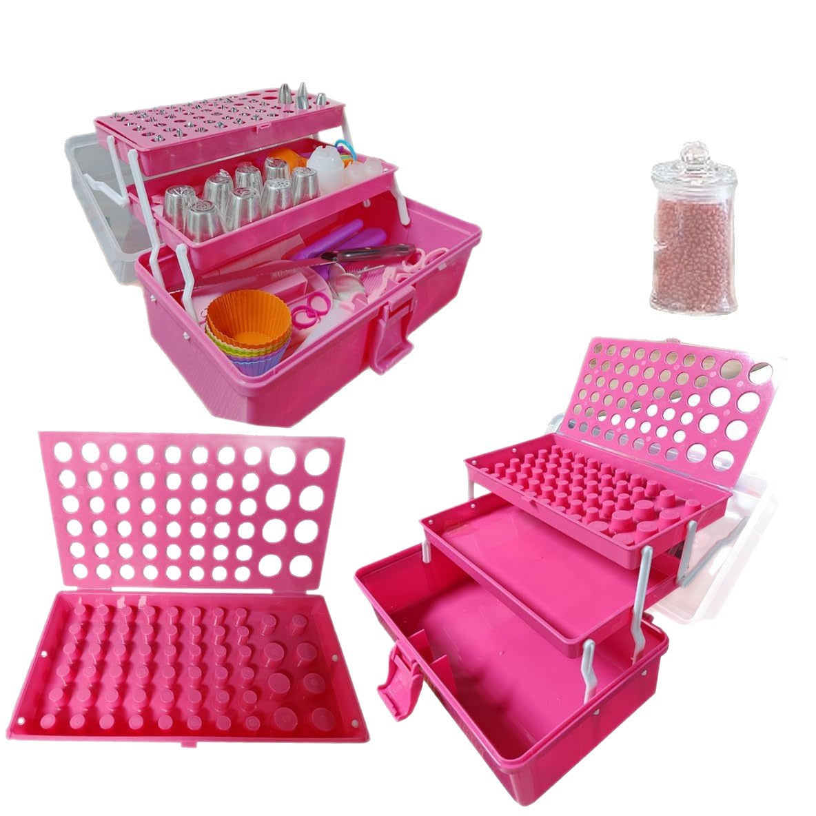 Pink three-tier plastic storage box open, showing compartments for cake decorating tools and accessories