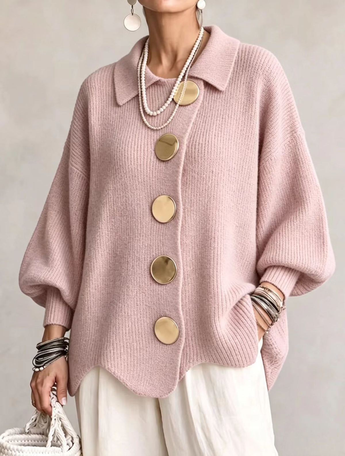 Collared Knit Cardigan with Oversized Buttons