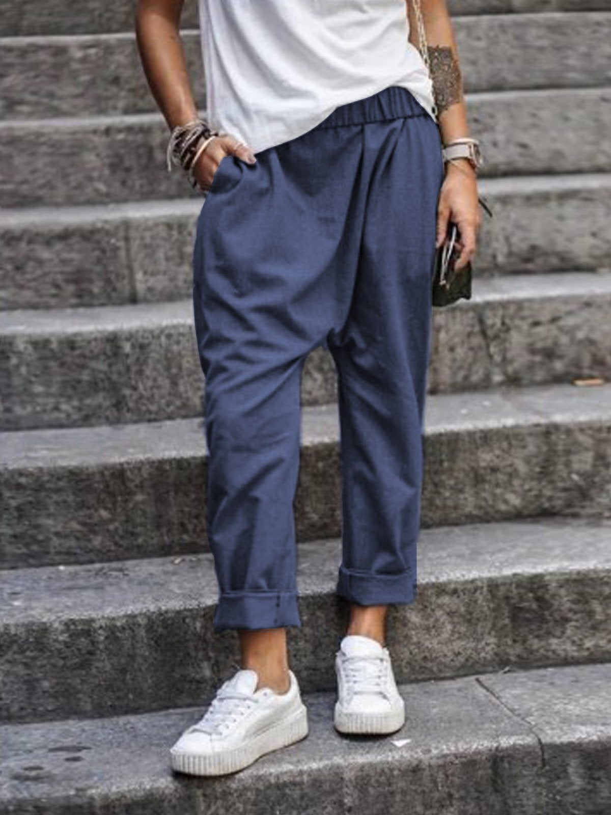 High-Waist Elastic Harem Trousers with Pockets in dark blue