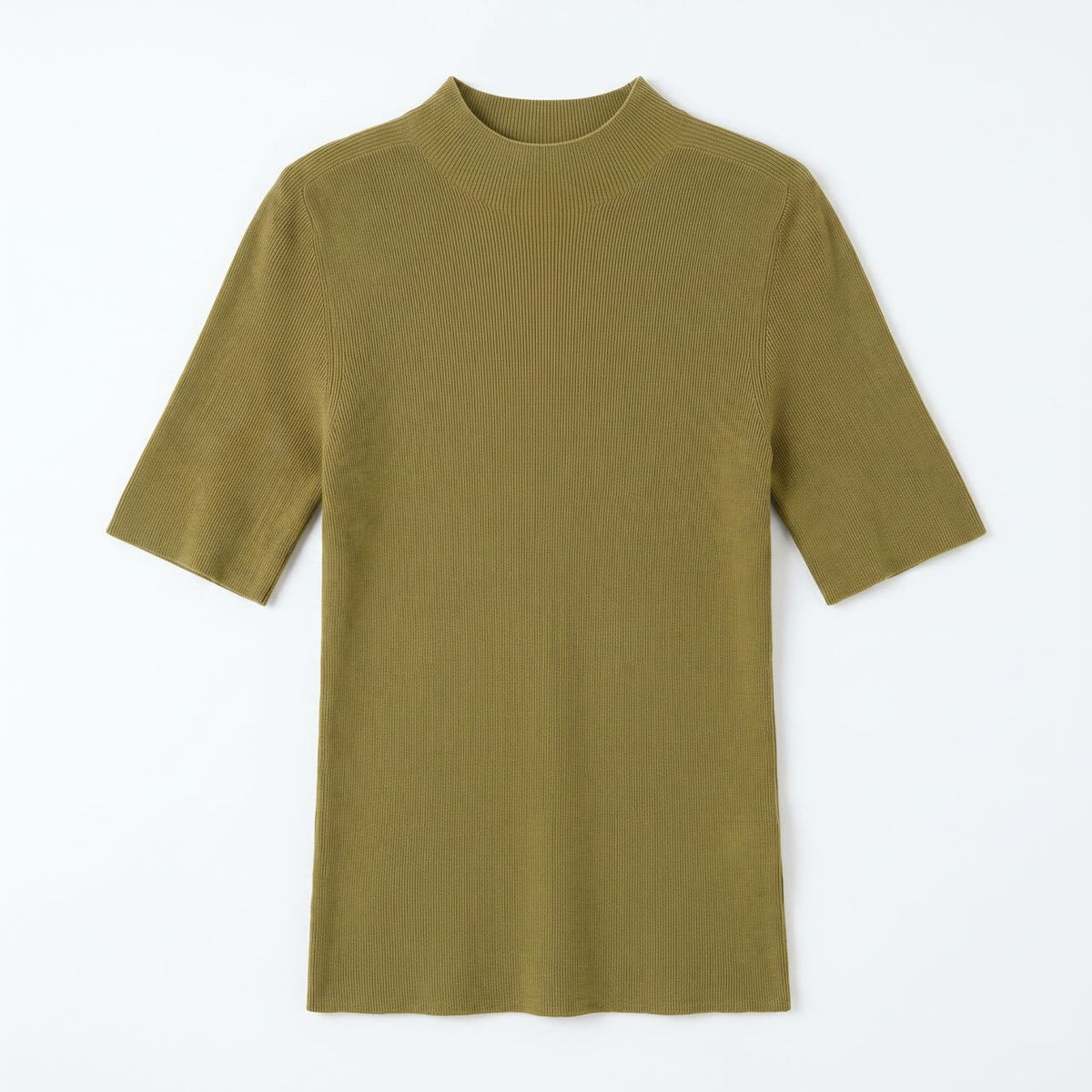 Seamless Half-Turtleneck Knit Top, Short Sleeve in olive green