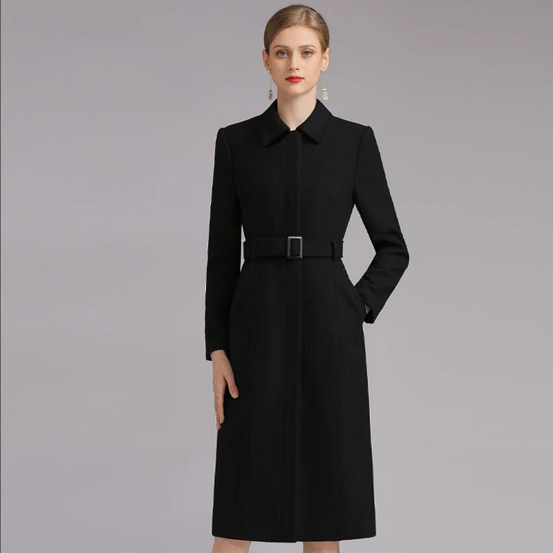 Belted collared midi coat, black, front view on model, knee length, with buckle belt and side pockets