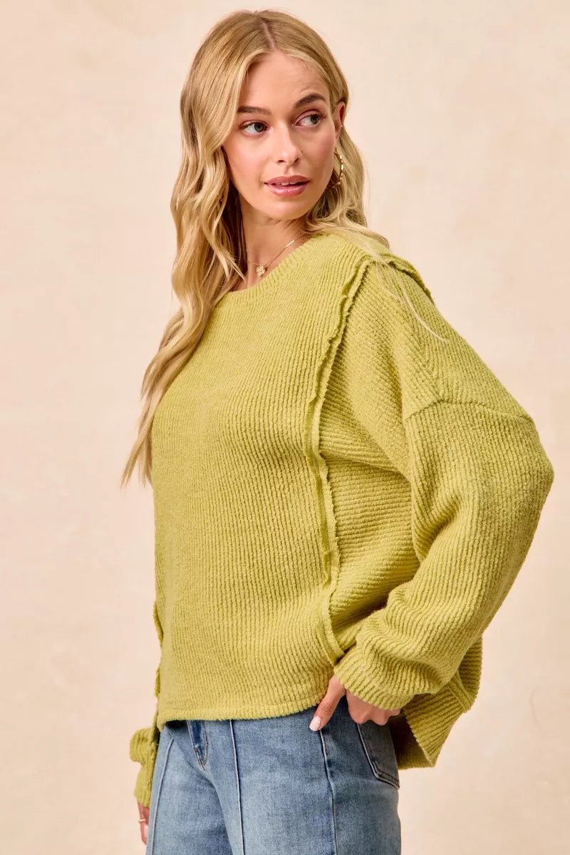 BiBi Boucle Rib Knit Uneven Hem Sweater With Open Seam - Wow Store