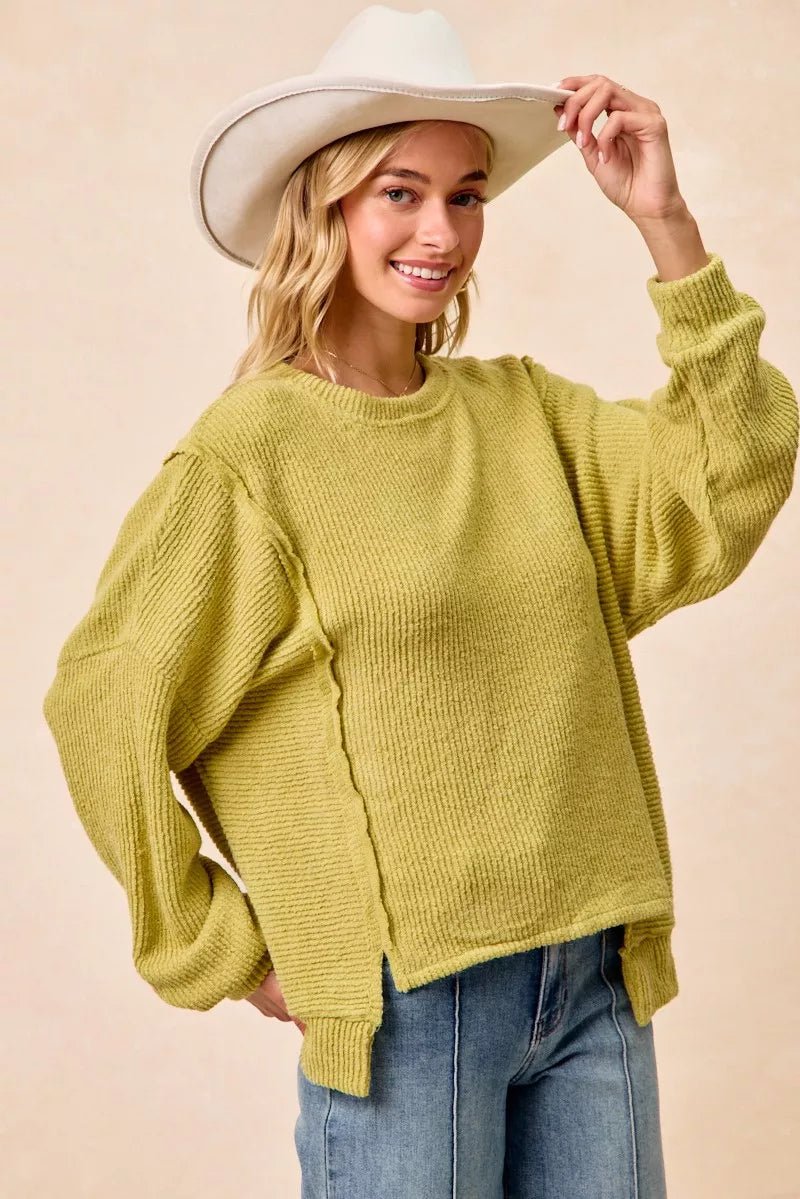 BiBi Boucle Rib Knit Uneven Hem Sweater With Open Seam - Wow Store