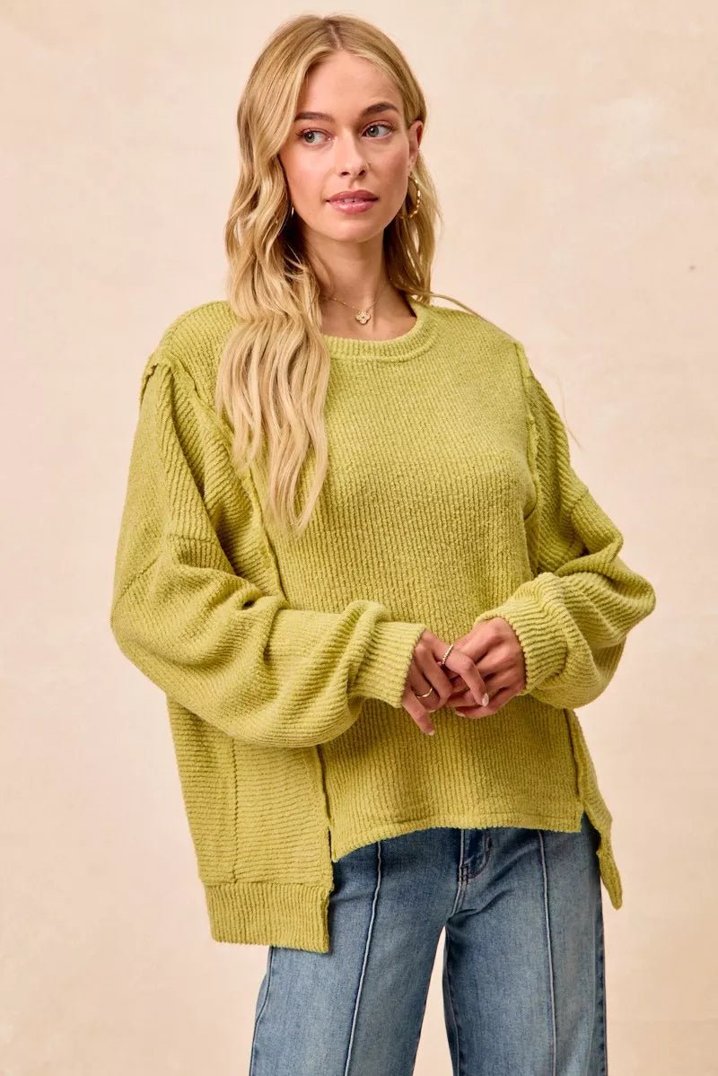 BiBi Boucle Rib Knit Uneven Hem Sweater With Open Seam - Wow Store