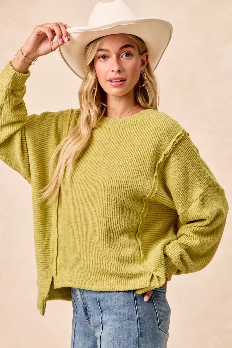 BiBi Boucle Rib Knit Uneven Hem Sweater With Open Seam - Wow Store