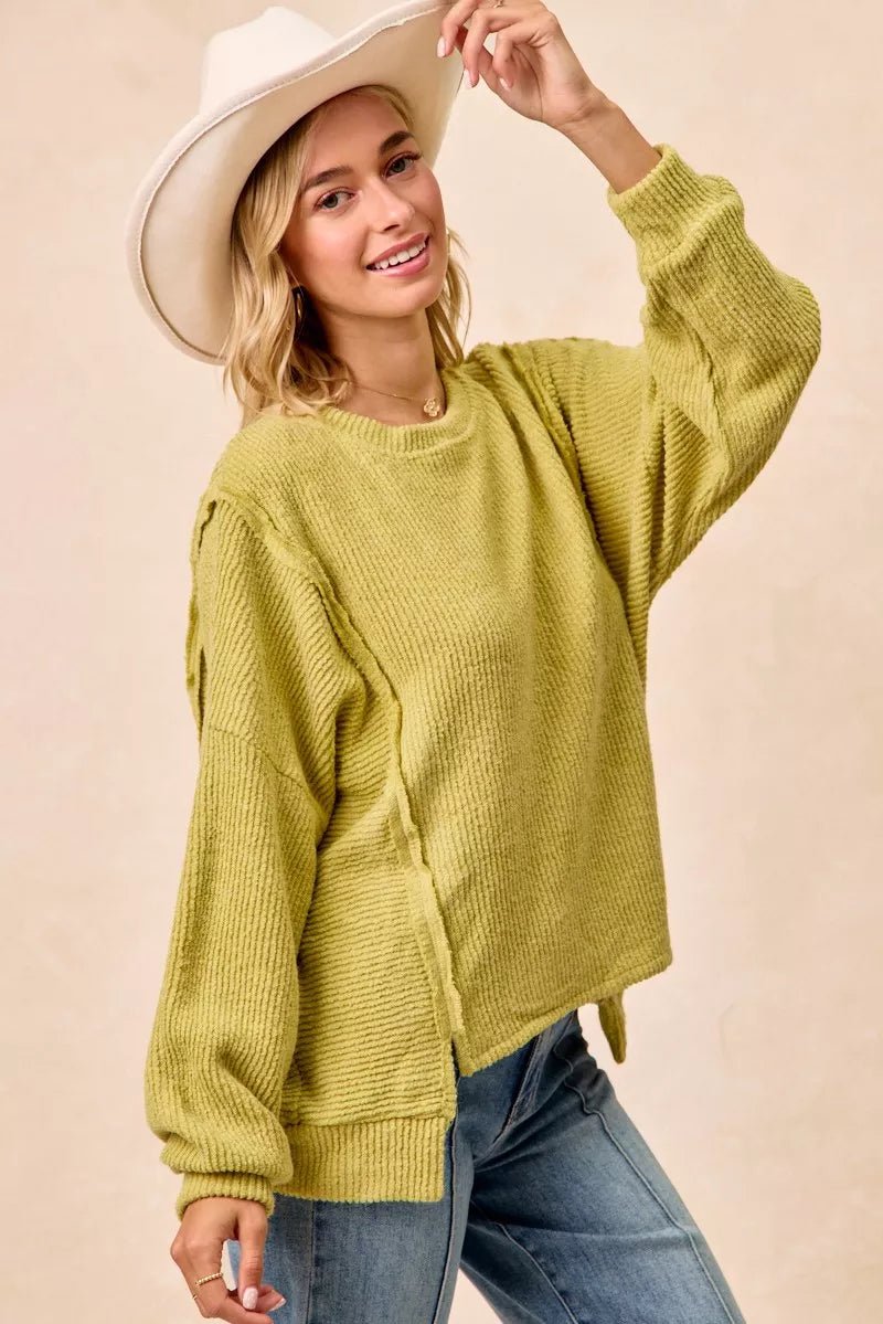 BiBi Boucle Rib Knit Uneven Hem Sweater With Open Seam - Wow Store