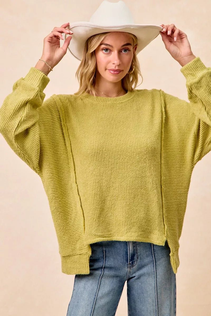 BiBi Boucle Rib Knit Uneven Hem Sweater With Open Seam - Wow Store