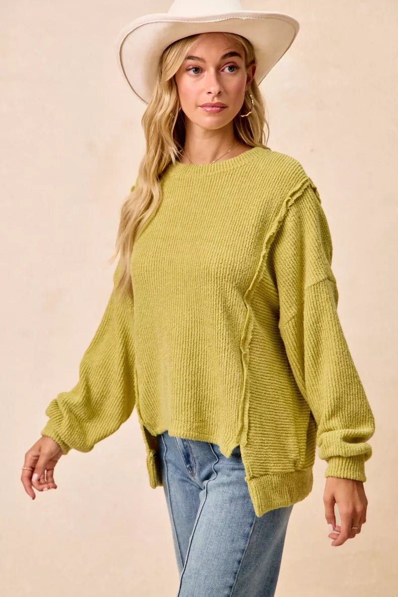 BiBi Boucle Rib Knit Uneven Hem Sweater With Open Seam - Wow Store