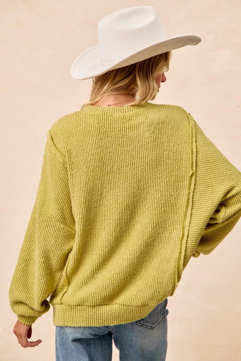 BiBi Boucle Rib Knit Uneven Hem Sweater With Open Seam - Wow Store