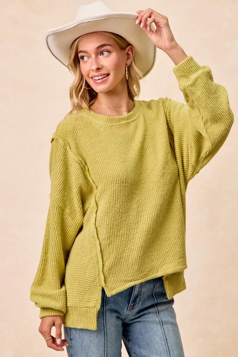 BiBi Boucle Rib Knit Uneven Hem Sweater With Open Seam - Wow Store
