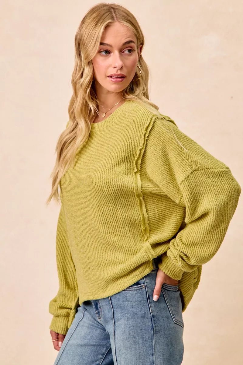 BiBi Boucle Rib Knit Uneven Hem Sweater With Open Seam - Wow Store