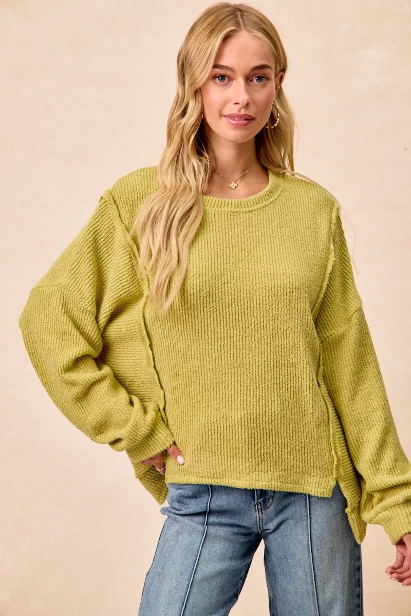 BiBi Boucle Rib Knit Uneven Hem Sweater With Open Seam - Wow Store
