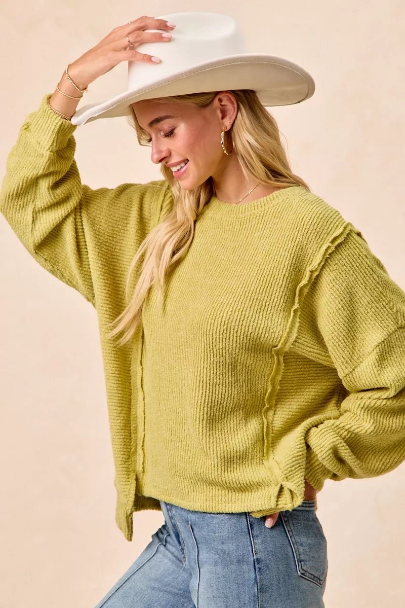 BiBi Boucle Rib Knit Uneven Hem Sweater With Open Seam - Wow Store