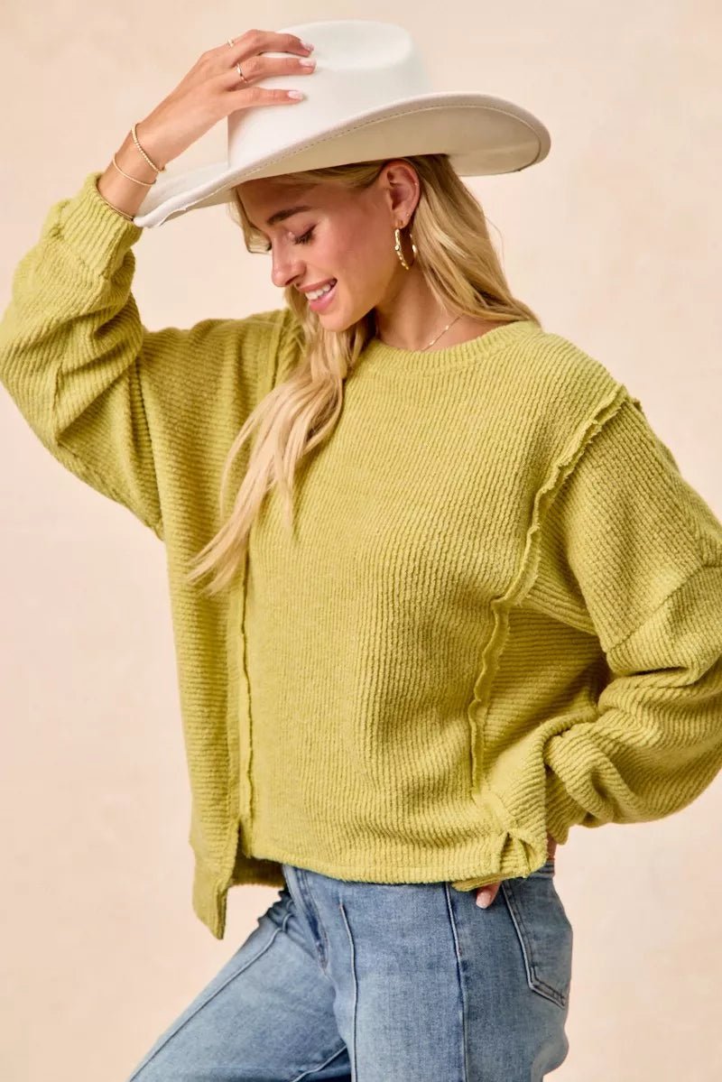 BiBi Boucle Rib Knit Uneven Hem Sweater With Open Seam - Wow Store